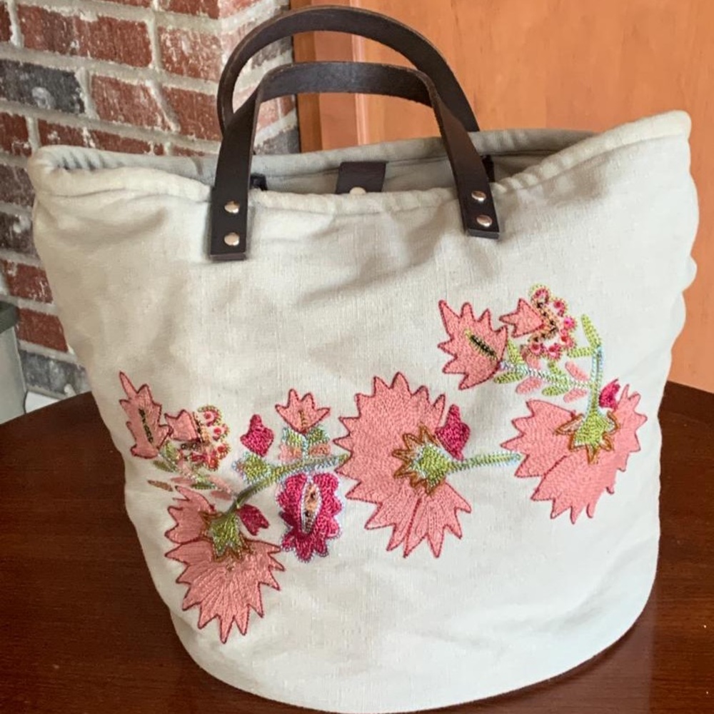 Cream and Pink Floral Canvas Tote Bag